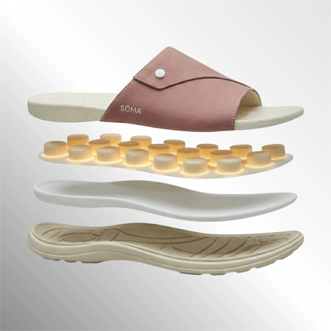 SÒMA One — vista esplosa: nabuk, capsule, base strutturale, suola