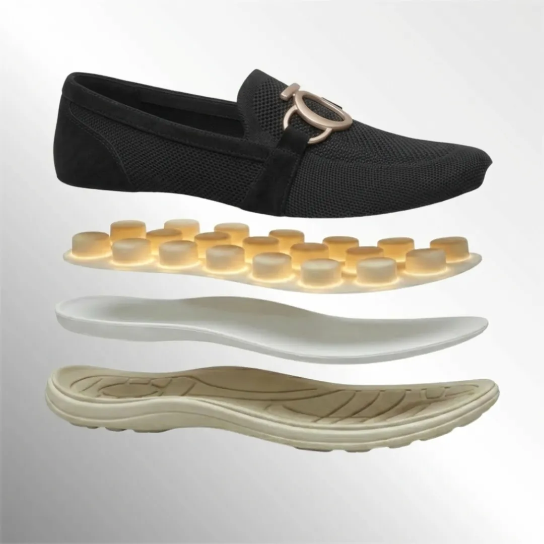 SÒMA OnWalk — vista esplosa: tessuto a micro-reti, capsule, base strutturale, suola