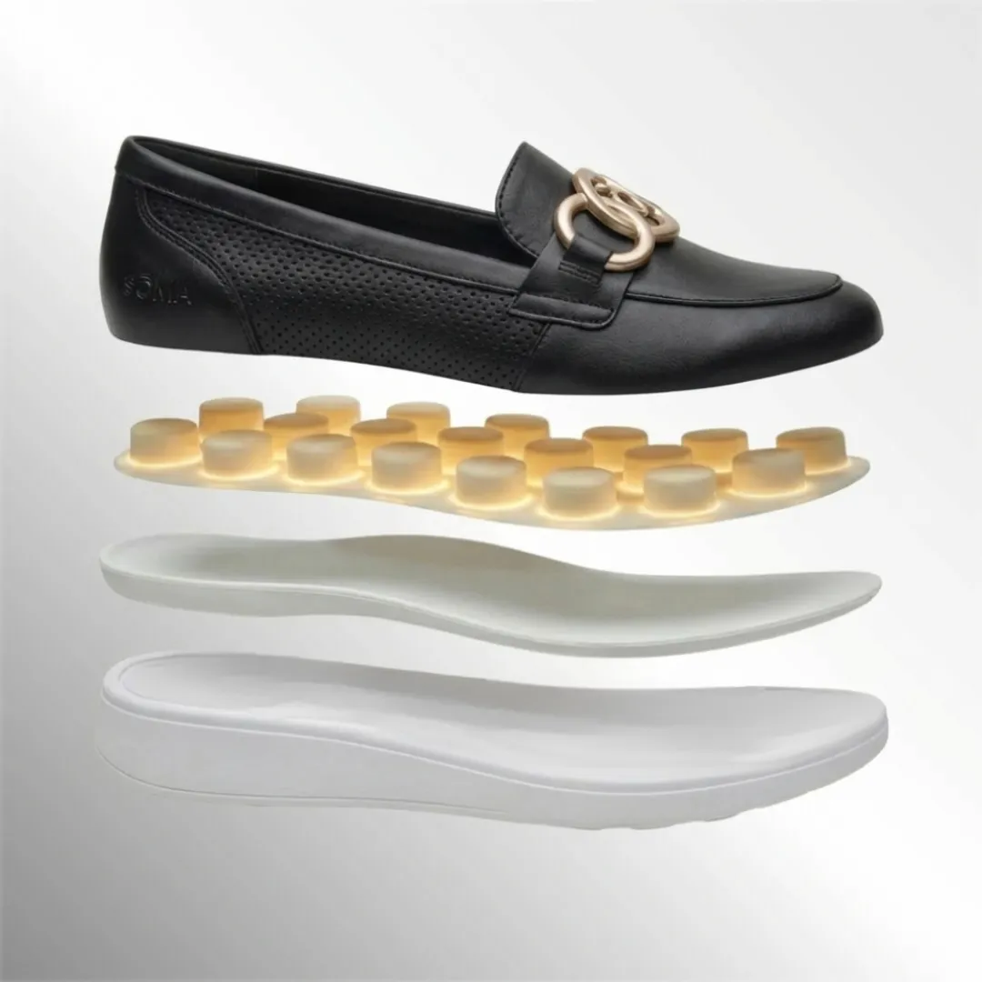 SÒMA Sliep — vista esplosa: nabuk, capsule, base strutturale, suola