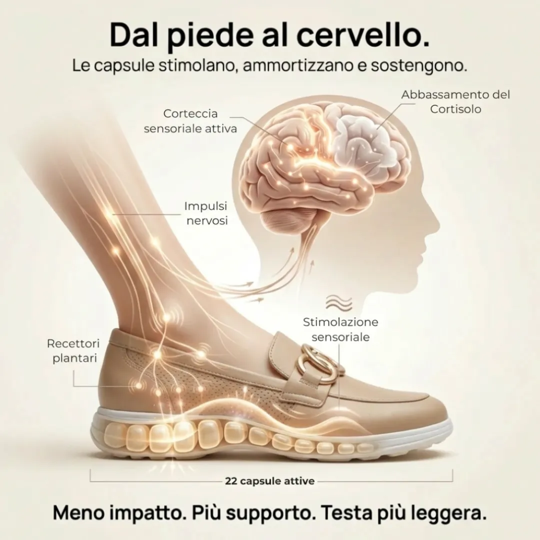 Dal piede al cervello — capsule stimolano recettori, impulsi nervosi, corteccia sensoriale